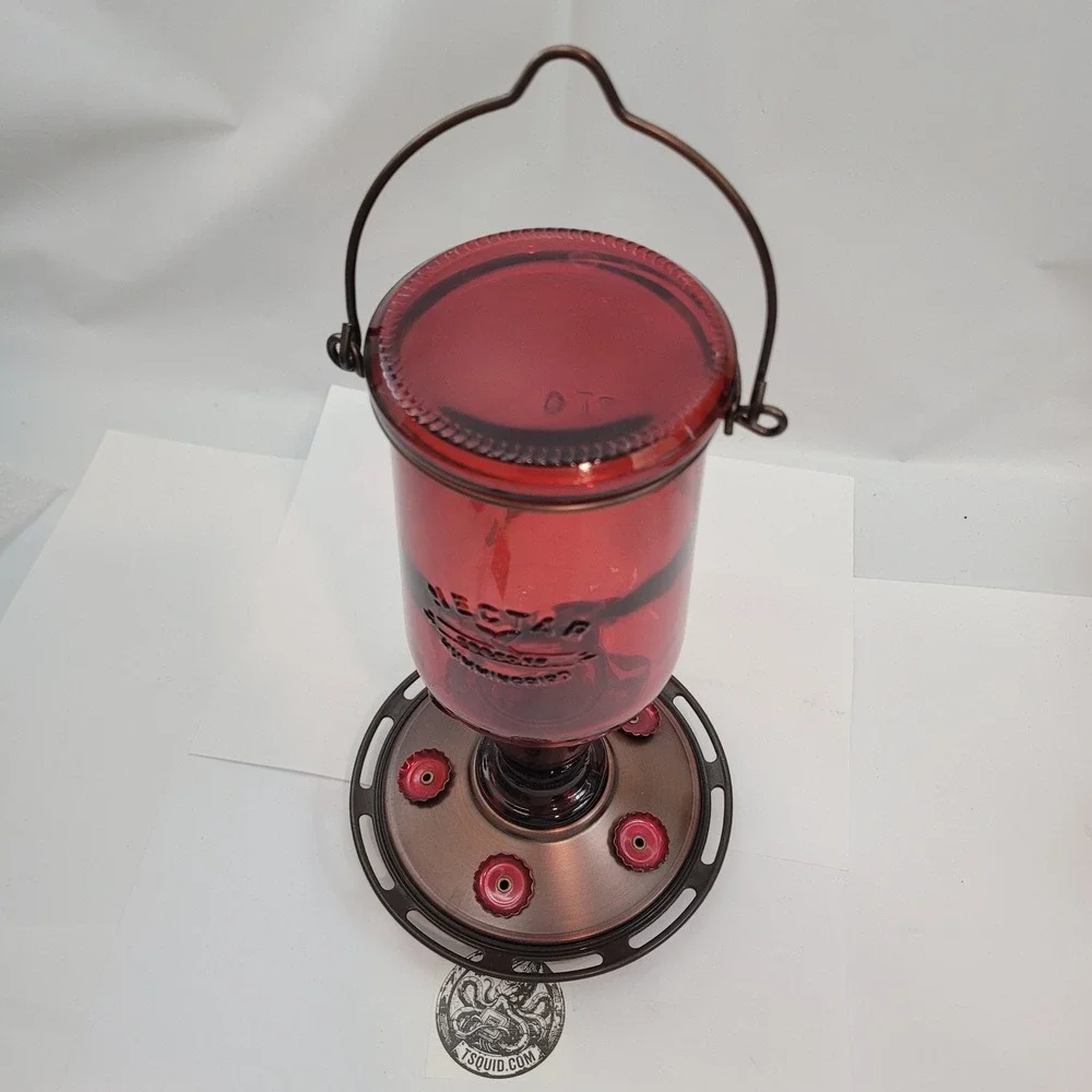 CB & Sons Nectar Hummingbird Feeder Red Glass Metal Vintage Hanging Outdoor 20oz